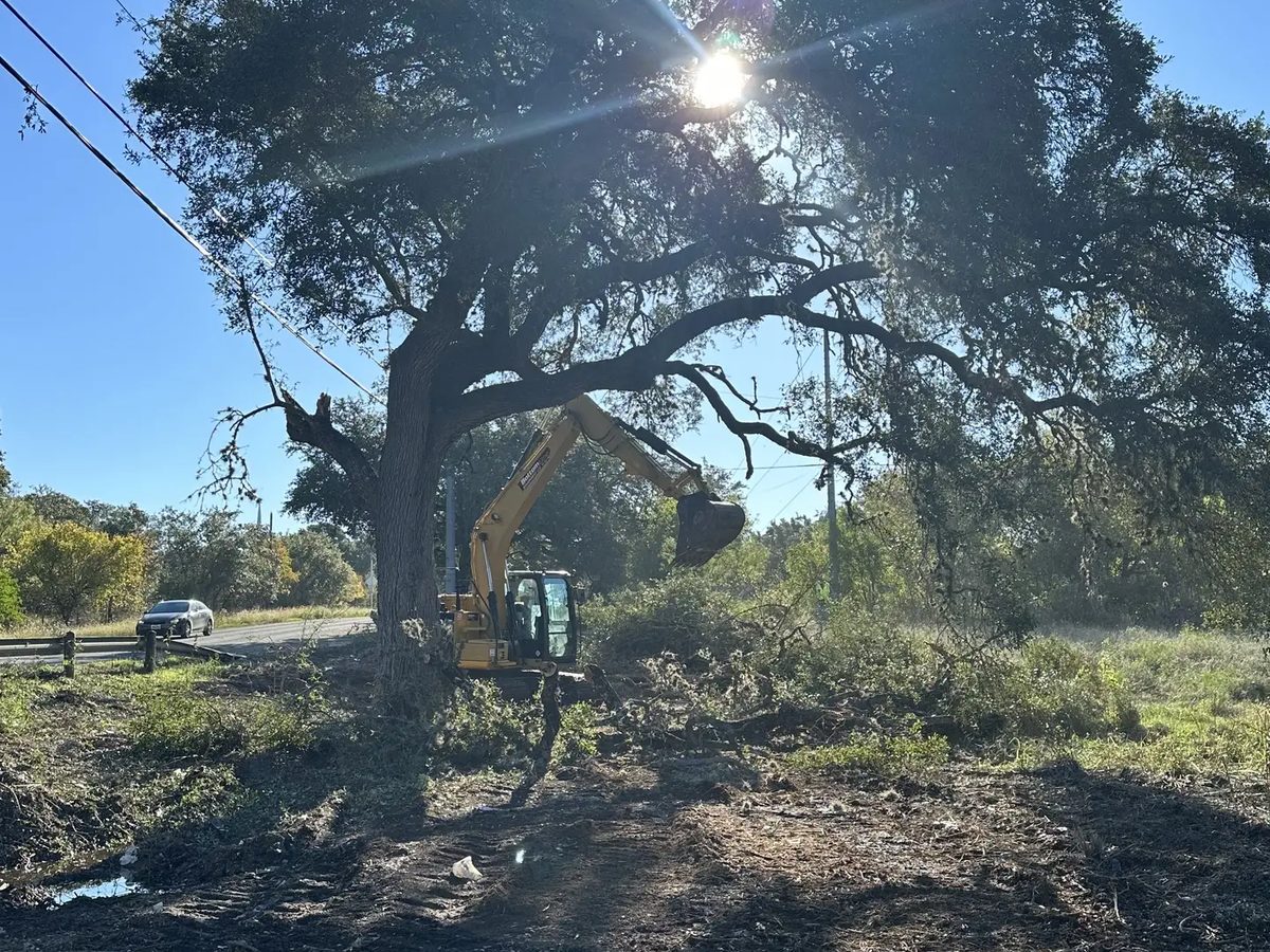 An excavator clearing brush and land under a large oak tree on a South Texas lot for Lonestar Construction Industries